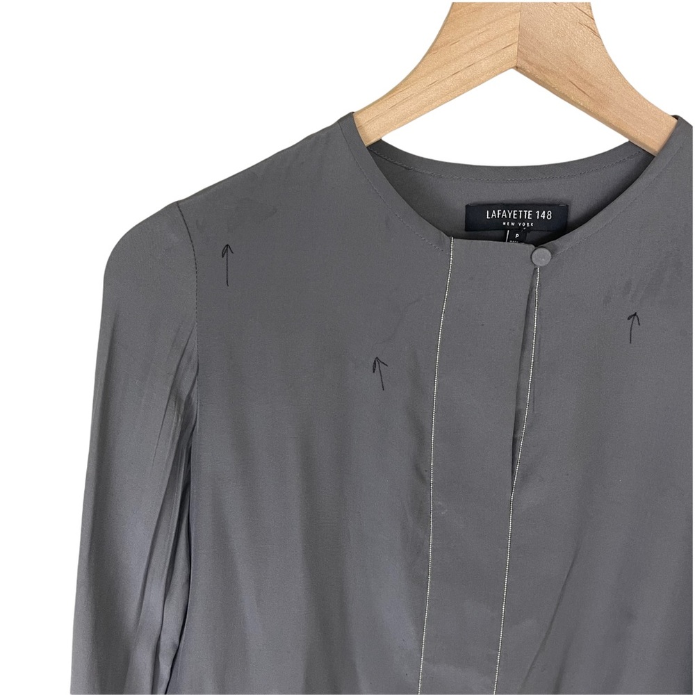 ๐ฃ 4 FOR $20 ๐ฃ Lafayette 148 Vneck Silk Elongated Cuff Blouse Silver Beaded XS - Picture 4 of 10